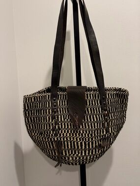 African Basketweave Woven Black & Cream Tote Bag with Brown Leather Straps